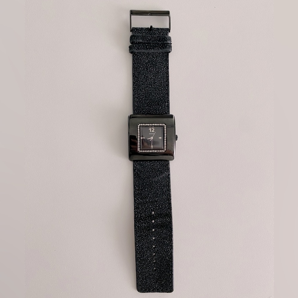 Guess Black Textured Leather Strap Watch